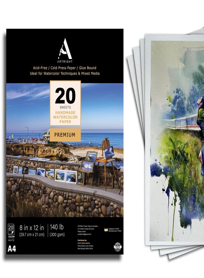 ArtRight Artists' Watercolor Paper A4 300 GSM - 20 Sheets of Handmade Rough Grain Water Colour Papers for Watercolour, Acrylic, Gouache, Ink & Mixed Media